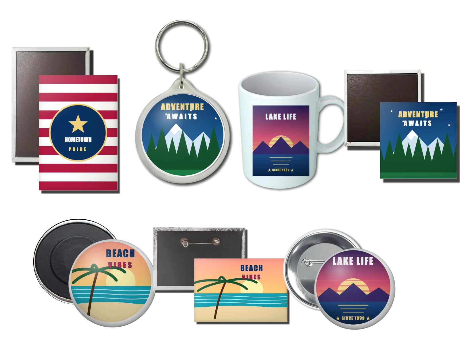 Custom magnets, buttons, a mug and a keychain with sample designs
