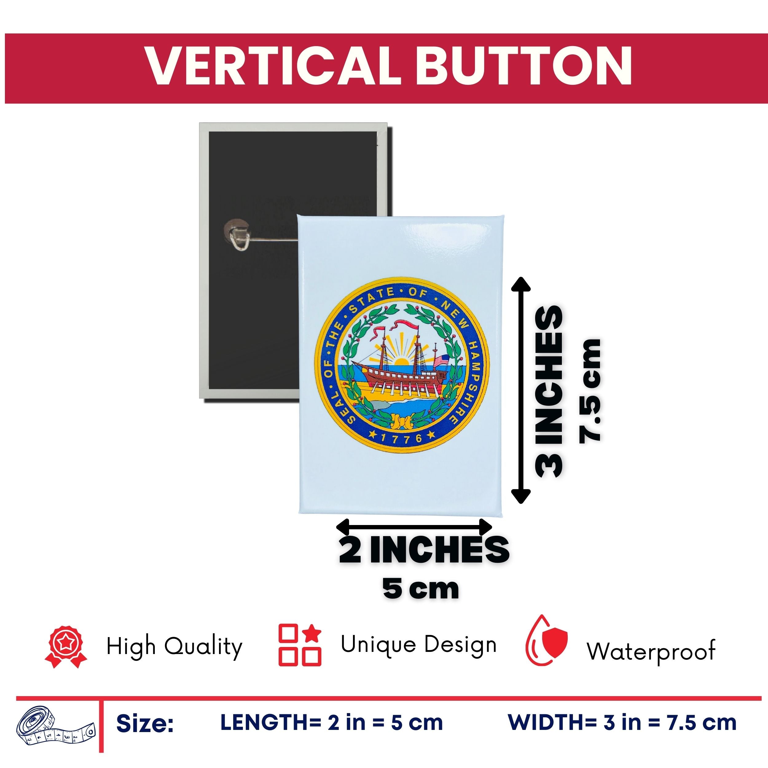 Vertical Button - State Seal New Hampshire - USA